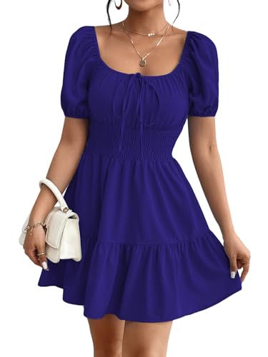 Floerns Women's Boho Square Neck Puff Short Sleeve Self Tie Front A Line Dress Deep Blue L