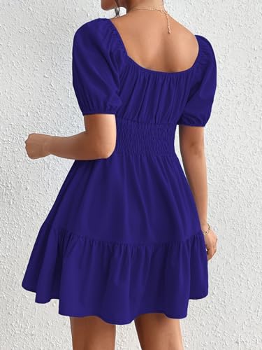 Floerns Women's Boho Square Neck Puff Short Sleeve Self Tie Front A Line Dress Deep Blue L