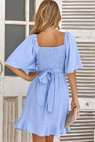 Dokotoo Dress for Women Summer Wrap V Neck Short Sleeve Smocked Elastic Waist Tiered Belted Ruffle Hem Mini Dress Sky Blue L