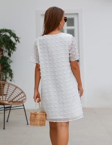 Blooming Jelly Womens White Dresses Short Sleeve V Neck Ruffle Cute Sun Dress Chiffon Flowy Shift Mini Dress (Large, White 2)