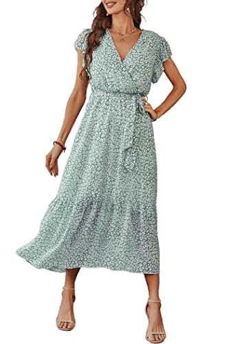 PRETTYGARDEN Women's 2024 Floral Boho Dress Wrap V Neck Short Sleeve Belted Ruffle Hem A-Line Flowy Maxi Dresses (Green_01,Small)