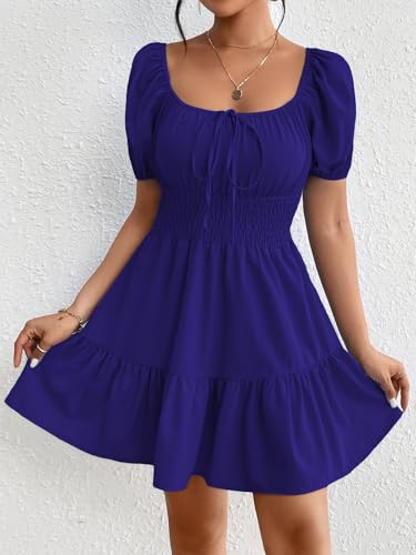 Floerns Women's Boho Square Neck Puff Short Sleeve Self Tie Front A Line Dress Deep Blue L
