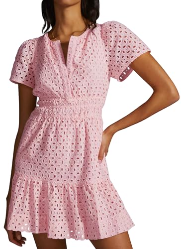 PRETTYGARDEN Womens 2024 Summer Short Dress V Neck Short Sleeve A Line Hollow Out Lace Ruffle Cute Casual Beach Party Dresses (Pink,Large)