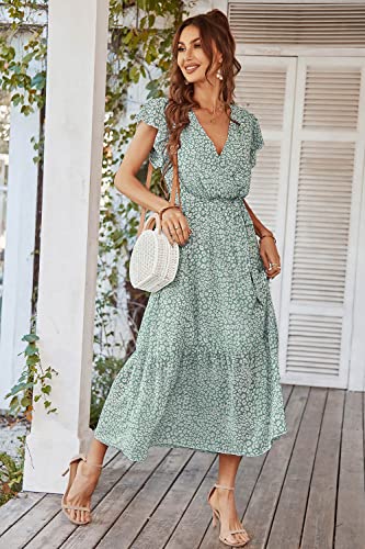 PRETTYGARDEN Women's 2024 Floral Boho Dress Wrap V Neck Short Sleeve Belted Ruffle Hem A-Line Flowy Maxi Dresses (Green_01,Small)