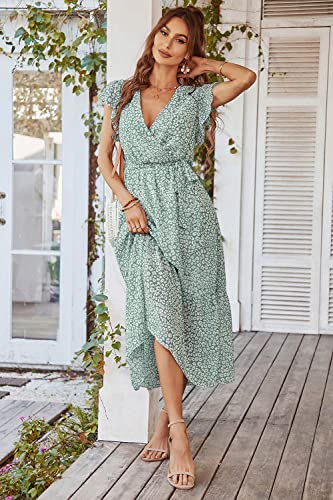 PRETTYGARDEN Women's 2024 Floral Boho Dress Wrap V Neck Short Sleeve Belted Ruffle Hem A-Line Flowy Maxi Dresses (Green_01,Small)