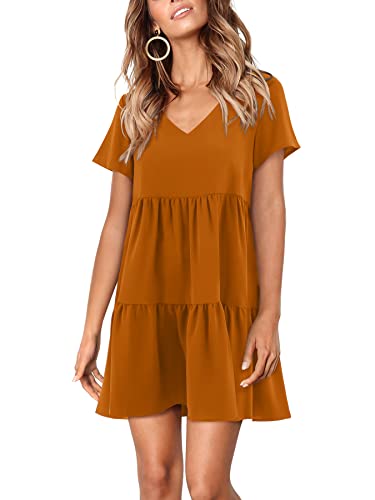 Amoretu Summer V Neck Shift Tunic Dresses Short Sleeve Dress for Women Casual Caramel L