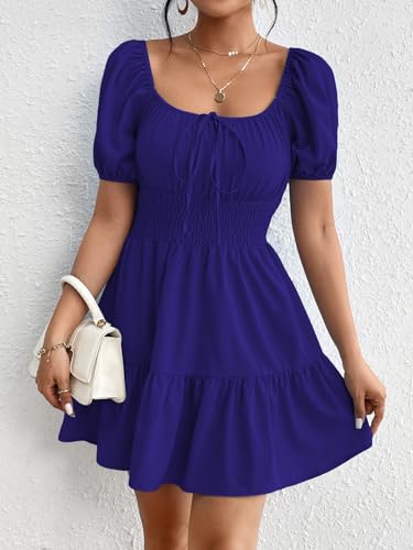 Floerns Women's Boho Square Neck Puff Short Sleeve Self Tie Front A Line Dress Deep Blue L