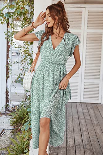 PRETTYGARDEN Women's 2024 Floral Boho Dress Wrap V Neck Short Sleeve Belted Ruffle Hem A-Line Flowy Maxi Dresses (Green_01,Small)