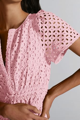 PRETTYGARDEN Womens 2024 Summer Short Dress V Neck Short Sleeve A Line Hollow Out Lace Ruffle Cute Casual Beach Party Dresses (Pink,Large)