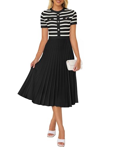 ZESICA Women's Casual Striped Midi Dress Crewneck Short Sleeve Button Ribbed Knit Swing Pleated A Line Dresses,Black,X-Large