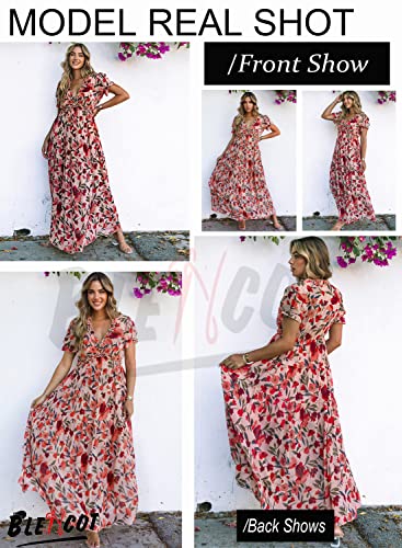 BLENCOT Women's Casual Boho Floral Printed Deep V Neck Loose Short Sleeve Long Evening Dress Ruched Cocktail Party Maxi Wedding Dress Red Medium