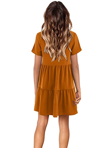 Amoretu Summer V Neck Shift Tunic Dresses Short Sleeve Dress for Women Casual Caramel L
