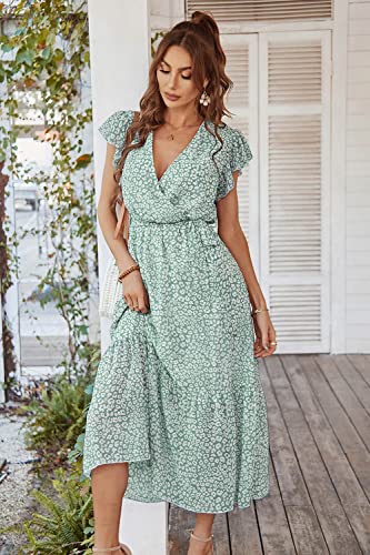 PRETTYGARDEN Women's 2024 Floral Boho Dress Wrap V Neck Short Sleeve Belted Ruffle Hem A-Line Flowy Maxi Dresses (Green_01,Small)