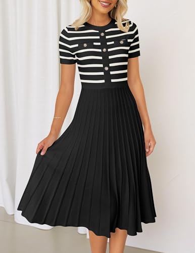ZESICA Women's Casual Striped Midi Dress Crewneck Short Sleeve Button Ribbed Knit Swing Pleated A Line Dresses,Black,X-Large