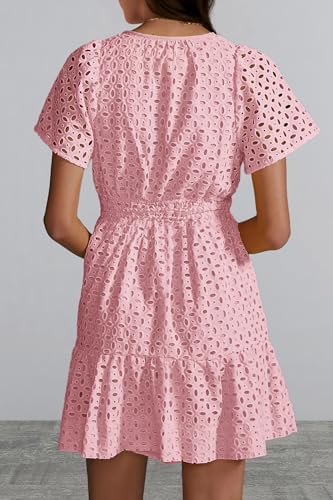 PRETTYGARDEN Womens 2024 Summer Short Dress V Neck Short Sleeve A Line Hollow Out Lace Ruffle Cute Casual Beach Party Dresses (Pink,Large)