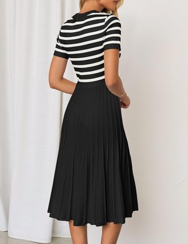 ZESICA Women's Casual Striped Midi Dress Crewneck Short Sleeve Button Ribbed Knit Swing Pleated A Line Dresses,Black,X-Large