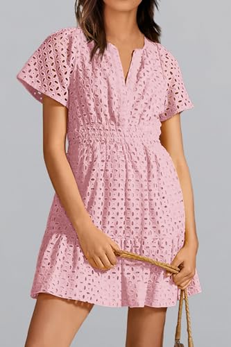 PRETTYGARDEN Womens 2024 Summer Short Dress V Neck Short Sleeve A Line Hollow Out Lace Ruffle Cute Casual Beach Party Dresses (Pink,Large)