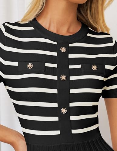 ZESICA Women's Casual Striped Midi Dress Crewneck Short Sleeve Button Ribbed Knit Swing Pleated A Line Dresses,Black,X-Large