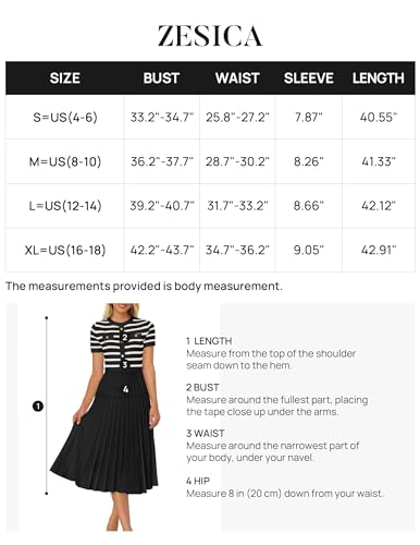 ZESICA Women's Casual Striped Midi Dress Crewneck Short Sleeve Button Ribbed Knit Swing Pleated A Line Dresses,Black,X-Large
