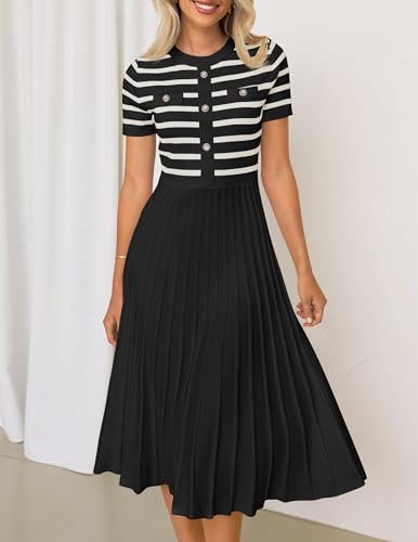 ZESICA Women's Casual Striped Midi Dress Crewneck Short Sleeve Button Ribbed Knit Swing Pleated A Line Dresses,Black,X-Large