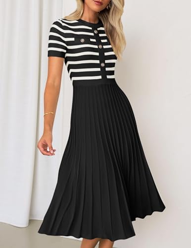 ZESICA Women's Casual Striped Midi Dress Crewneck Short Sleeve Button Ribbed Knit Swing Pleated A Line Dresses,Black,X-Large