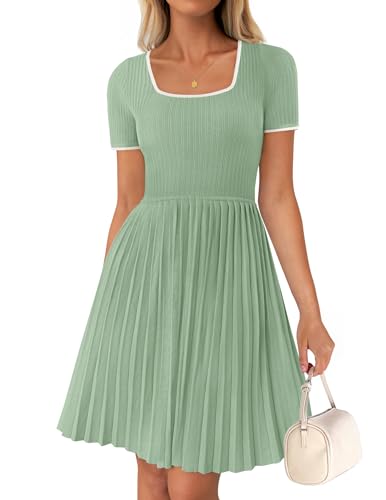 ZESICA Women's Ribbed Square Neck Color Block Pleated Mini Dress 2024 Short Sleeve A Line Knit Short Dresses Light Green L