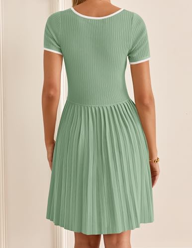 ZESICA Women's Ribbed Square Neck Color Block Pleated Mini Dress 2024 Short Sleeve A Line Knit Short Dresses Light Green L