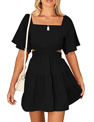 Women's Summer Dresses Square Neck Casual Short Sleeves Crossover Elastic Waist Party Mini Dress Black L
