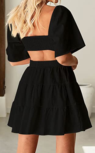 Women's Summer Dresses Square Neck Casual Short Sleeves Crossover Elastic Waist Party Mini Dress Black L