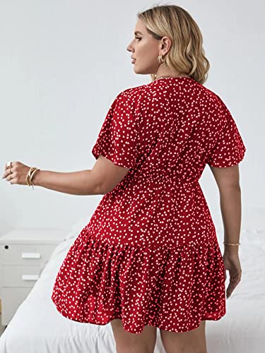 Floerns Women's Plus Size Wrap V Neck Short Sleeve Ruffle Hem A Line Short Dress Red 2XL