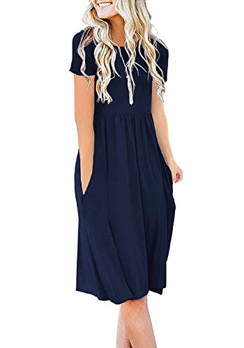 DB MOON Womens 2024 Summer Casual Short Sleeve Dresses Empire Waist Knee Length Dress with Pockets(Navy Blue, XL)