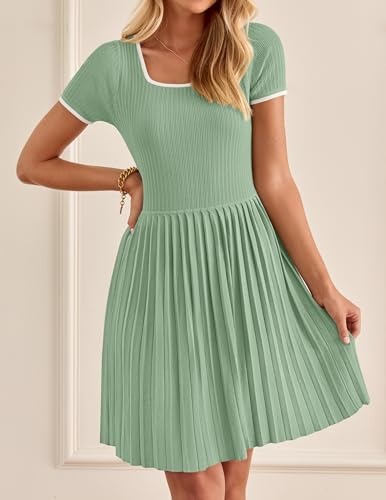 ZESICA Women's Ribbed Square Neck Color Block Pleated Mini Dress 2024 Short Sleeve A Line Knit Short Dresses Light Green L