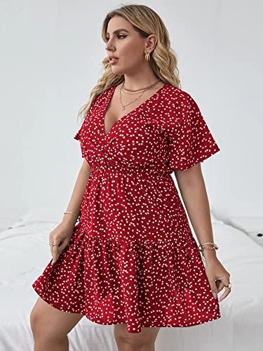Floerns Women's Plus Size Wrap V Neck Short Sleeve Ruffle Hem A Line Short Dress Red 2XL