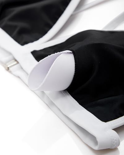 SUUKSESS Women Triangle High Cut Bikini Sets Sexy High Waisted Color Block Two Piece Swimsuits Push Up Bathing Suits(Black White,XL)