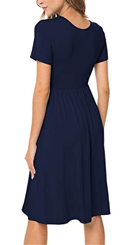 DB MOON Womens 2024 Summer Casual Short Sleeve Dresses Empire Waist Knee Length Dress with Pockets(Navy Blue, XL)