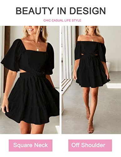 Women's Summer Dresses Square Neck Casual Short Sleeves Crossover Elastic Waist Party Mini Dress Black L