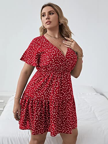 Floerns Women's Plus Size Wrap V Neck Short Sleeve Ruffle Hem A Line Short Dress Red 2XL