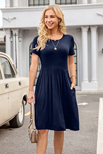 DB MOON Womens 2024 Summer Casual Short Sleeve Dresses Empire Waist Knee Length Dress with Pockets(Navy Blue, XL)