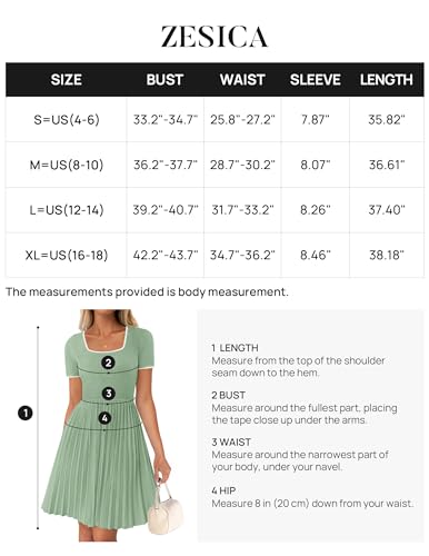 ZESICA Women's Ribbed Square Neck Color Block Pleated Mini Dress 2024 Short Sleeve A Line Knit Short Dresses Light Green L