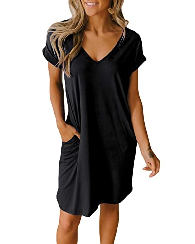 BTFBM Women V-Neck Short Sleeve Summer Dresses 2024 Spring Casual Loose T-Shirt Tunic Short Dress Pajamas with Pockets(Black, XX-Large)