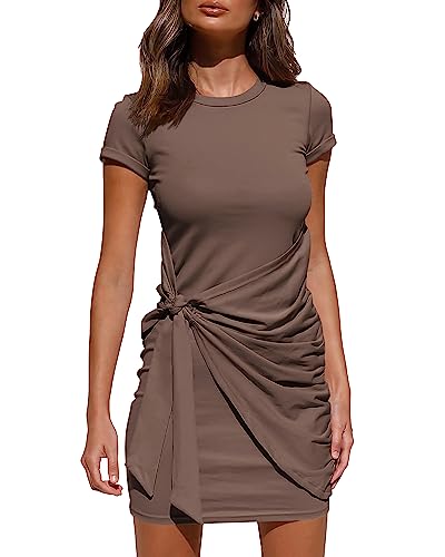 BTFBM Women Crew Neck Short Sleeve Ruched Bodycon T Shirt Dress Casual Tie Waist Plain Sun Beach Summer Short Dresses (Short Sleeve Coffee, Medium, m)