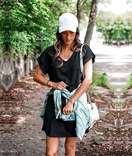 BTFBM Women V-Neck Short Sleeve Summer Dresses 2024 Spring Casual Loose T-Shirt Tunic Short Dress Pajamas with Pockets(Black, XX-Large)