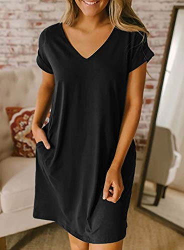 BTFBM Women V-Neck Short Sleeve Summer Dresses 2024 Spring Casual Loose T-Shirt Tunic Short Dress Pajamas with Pockets(Black, XX-Large)