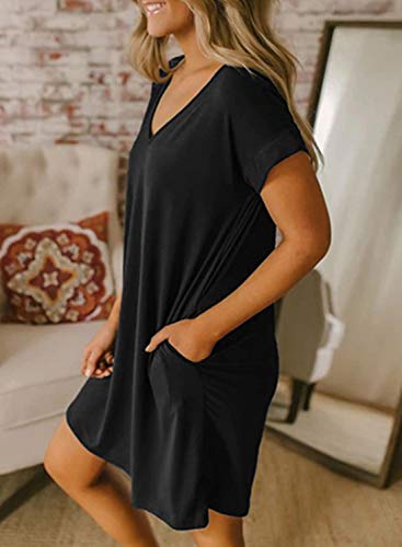 BTFBM Women V-Neck Short Sleeve Summer Dresses 2024 Spring Casual Loose T-Shirt Tunic Short Dress Pajamas with Pockets(Black, XX-Large)