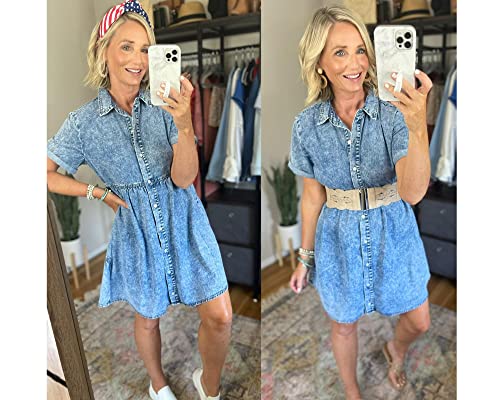 luvamia Women's Casual Short Dress Short Sleeve Denim Babydoll Dress Jean Shirt Dress Bay Blue Size Large (Size 12- Size 14)