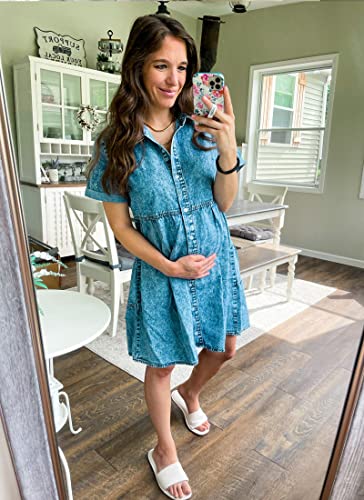 luvamia Women's Casual Short Dress Short Sleeve Denim Babydoll Dress Jean Shirt Dress Bay Blue Size Large (Size 12- Size 14)