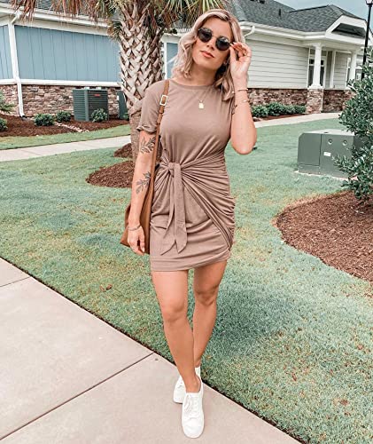 BTFBM Women Crew Neck Short Sleeve Ruched Bodycon T Shirt Dress Casual Tie Waist Plain Sun Beach Summer Short Dresses (Short Sleeve Coffee, Medium, m)