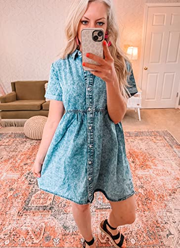 luvamia Women's Casual Short Dress Short Sleeve Denim Babydoll Dress Jean Shirt Dress Bay Blue Size Large (Size 12- Size 14)