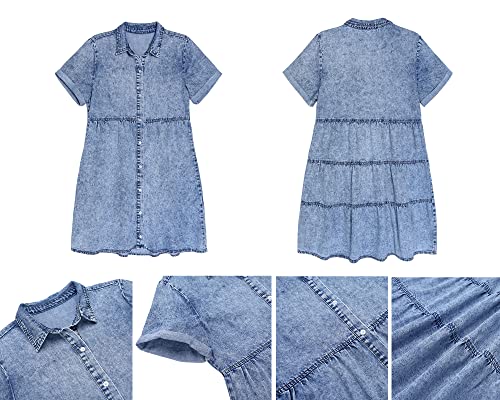 luvamia Women's Casual Short Dress Short Sleeve Denim Babydoll Dress Jean Shirt Dress Bay Blue Size Large (Size 12- Size 14)