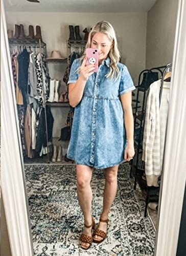 luvamia Women's Casual Short Dress Short Sleeve Denim Babydoll Dress Jean Shirt Dress Bay Blue Size Large (Size 12- Size 14)